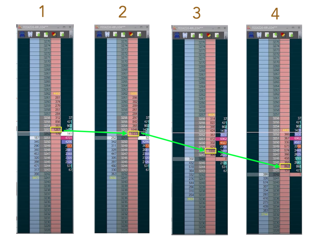 Price ladders showing the progression of large orders throughout the IB towards the IBL
